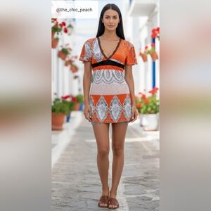 🩷$15 | American One Vibrant Orange Patterned Mini Dress